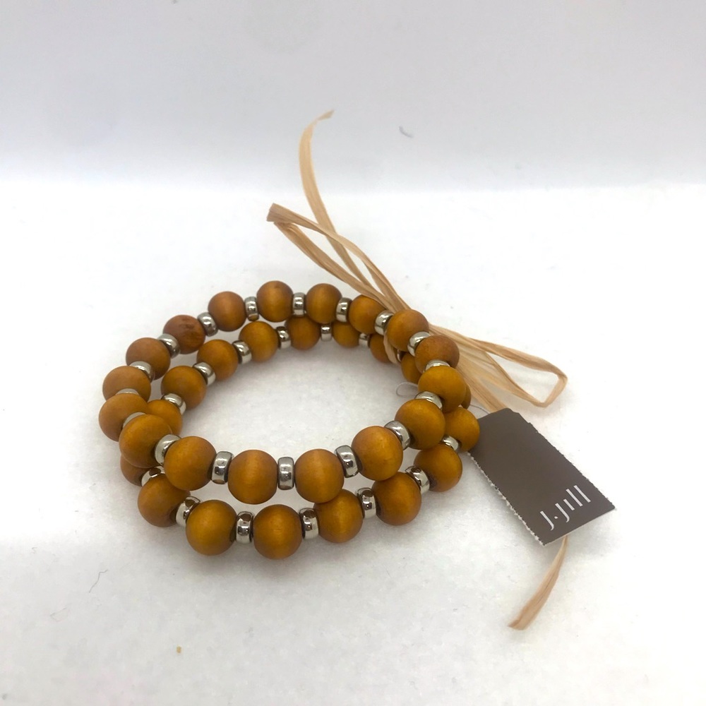 J.Jill set of 2 Stretch Bracelets Wooden and Silvertone Beads